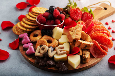 Cheese plate or snack board for Valentines day with cookies and fruitの写真素材