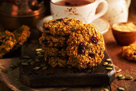 Breakfast oatmeal cookies with pumpkin puree, cranberry and seedsの写真素材