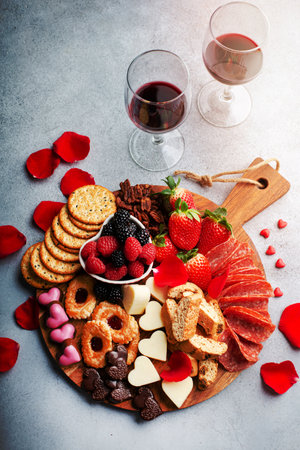 Cheese plate or snack board for Valentines day with cookies and fruitの写真素材