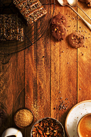 Fudgy brownies with nuts and caramel syrup and a cup of coffee overhead shotの写真素材