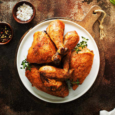 Grilled or smoked chicken carved into pieces overhead viewの写真素材