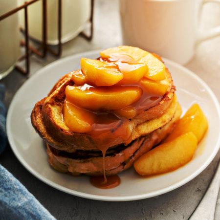 French toast with caramel apple topping, fall seasonal breakfastの写真素材
