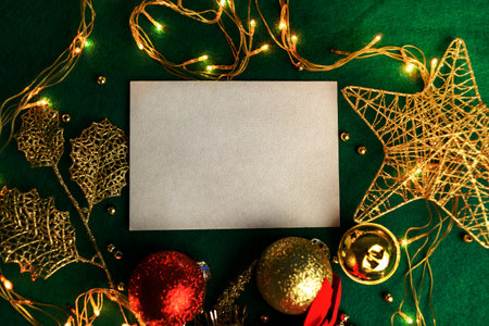 Blank card with Christmas decorations. Christmas card mockup.の写真素材