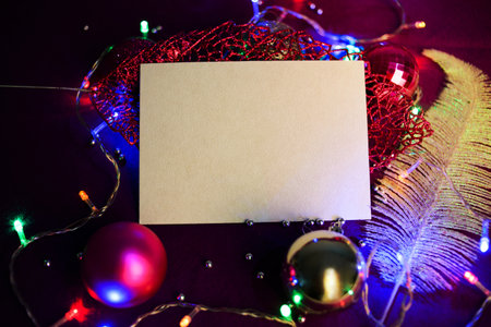Blank card with Christmas decorations. Christmas card mockup.の写真素材