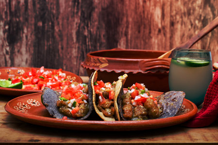 Chicharrones in a green sauce tacos served with pico de gallo salad. Typical Mexican food.の写真素材