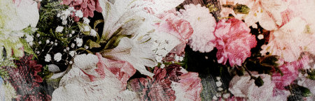 Banner. Illustration. Cement wall with aged flowers. Aged flowers on concrete texture.の写真素材