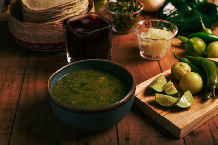 Bowl with green sauce, tortillas and vegetables on a wooden table. Typical Mexican food.の写真素材
