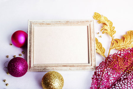 Blank card with Christmas decorations. Christmas card mockup.の写真素材