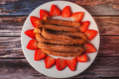 Churros with strawberries on a white plate on a wooden table. Churros with sugar on white plate decorated with strawberries. Top view.の写真素材