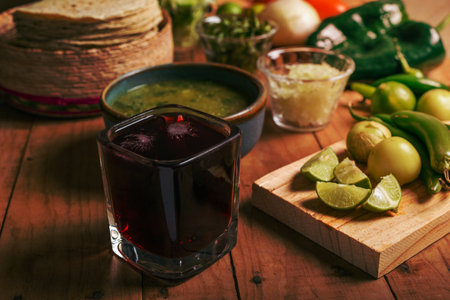Glass with fresh hibiscus flower water in the foreground on a table with tortillas, green sauce and vegetables.の写真素材