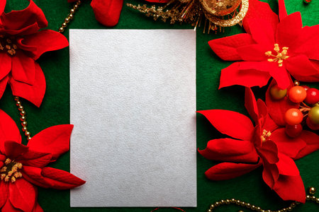 Blank card with Christmas decorations and poinsettia. Christmas card mockup.の写真素材