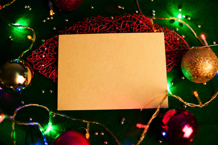 Blank card with Christmas decorations. Christmas card mockup.の写真素材