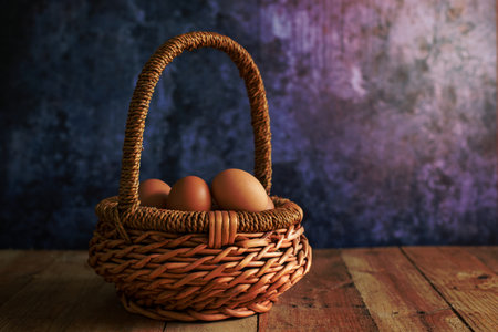 Farm fresh eggs in a wicker basket. Blue background.の写真素材