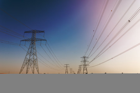 Giant electricity cables in the desert, United Arab Emiratesの写真素材