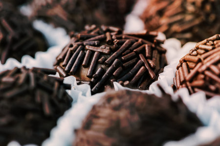 Macro close up of brigadeiros, traditional brazilian sweets made of chocolate and condensed milk - shallow depth of fieldの写真素材