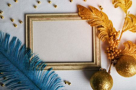 Blank card with Christmas decorations. Christmas card mockup.の写真素材
