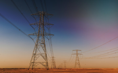 Giant electricity cables in the desert, United Arab Emiratesの写真素材