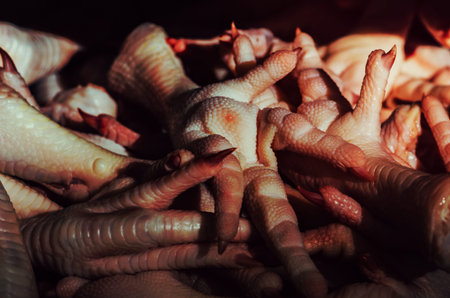 Chicken feet in street market, to make exotic dishes rich in collagen in Minas Gerais, Brazil -...