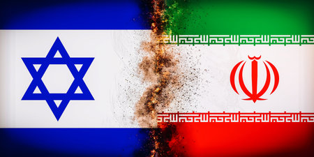 Flags of Israel and Iran Flag divided by smoke and fire. Next flashpoint in the Middle East war concept that may lead to a greater war between many powersの写真素材
