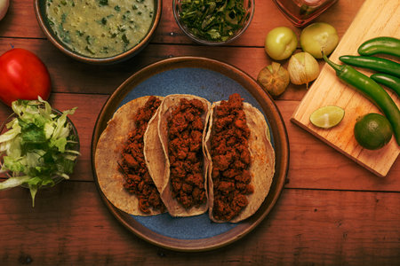 Marinated beef tacos, bowl with salsa verde and vegetables on a wooden table. Tacos de adobada.の写真素材