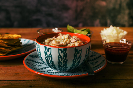 Pozole served in a deep dish, with tostadas, salsa and vegetables on a wooden table. Typical Mexican food.の写真素材