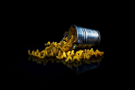 raw pasta in glass jar, wine glass. in bucket. raw pasta on black background. front view raw pasta, dropped from hand, place for text, yellow long spaghetti straws, food ingredientsの写真素材