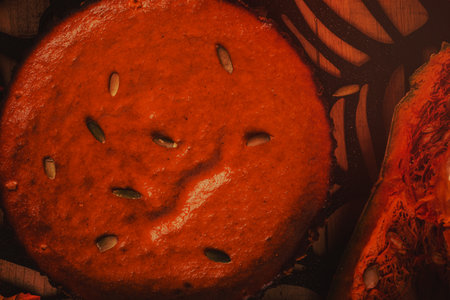 Pumpkin pie on wooden table with halloween decoration. Dessert for thanksgiving dinner.の写真素材