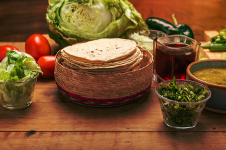Tortillas, bowl with green sauce and vegetables on a wooden table. Typical Mexican food.の写真素材