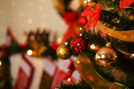 Spheres and other decorative elements of a Christmas tree. Artificial Christmas tree.の写真素材