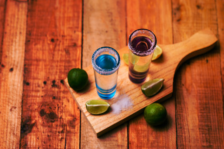 Tequila shots served in tequila glasses on a wooden table. Tequila shots with salt and lime on a bar table.の写真素材