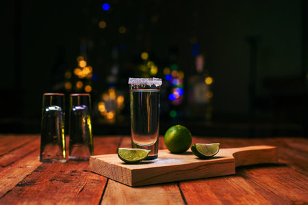 Tequila shots served in tequila glasses on a wooden table. Tequila shots with salt and lime on a bar table.の写真素材