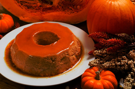 Pumpkin flan, dessert made for the Day of the Dead. Dessert on wooden table with autumn decoration around.の写真素材