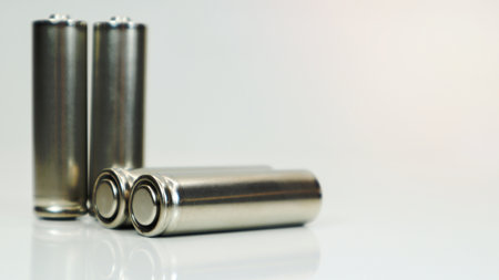 AA alkaline rechargeable batteries on white glossy background with reflection. Close up four empty batteries with copy spaceの写真素材