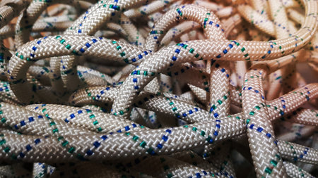 A background image of a tangled rope for rock climbing and mountaineeringの写真素材