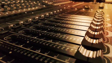 Audio sound mixer amplifier equipment, sound engineering acoustic musical mixing concept background, selective focus. Retro style machiningの写真素材