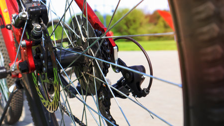 Close-up of a rear set of gear shifting sprockets on the rear wheel of a modern mountain bike with chain. Bicycle repairの写真素材