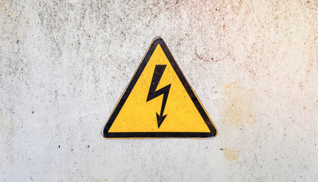 Danger sign of high voltage electricity. Yellow triangular sign with a lightning in the center. This warning is written on an old metal surface painted with gray paintの写真素材
