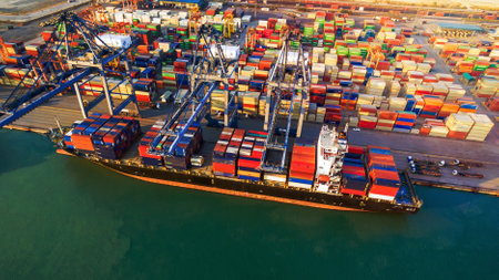 Container shipping boat at dock yard main logistics system of transportation of cargo container.の写真素材