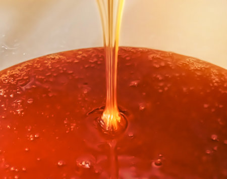 Drop of bee honey drip from hexagonal honeycombs filled with golden nectar, honeycombs summer composition consisting of drop natural honey, drip on wax frame bee, drop of bee honey drip in honeycombsの素材 [FY310200248631]