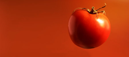 One fresh tasty red tomato. Juicy multi-celled berry. An annual or perennial herb. Vegetable culture. Juicy tomato with green stem. Banner with copy spaceの写真素材