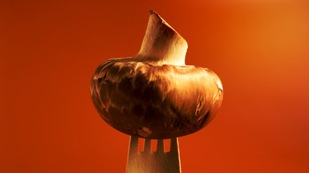 One mushroom on a wooden fork on a yellow background. Royal large double-leaf brown unpeeled champignon. A juicy mushroom that is stuck at the end of a forkの写真素材