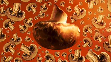 One fresh mushroom on a brown background. Champignon royal large brown unpeeled. Juicy mushroom, copy space. Raw material for cooking vegan foodの写真素材