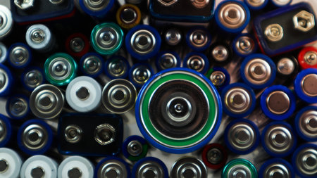 Lots of used household alkaline batteries type AA, AAA, PP3, D, C, collected for recycling. Recycling and ecology problems. Top view of a background of used batteries of different types and sizesの素材 [FY310200248924]