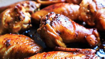 Fried chicken wings with a crust in a pan close-up. Baked chicken in teriyaki sauce on a baking sheet in the oven, selective focusの写真素材