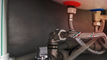 Connection of water supply, hot and cold water to the boiler. Hose for hot and cold water in the bathroom. Plumbing connections for a domestic electric water heaterの写真素材