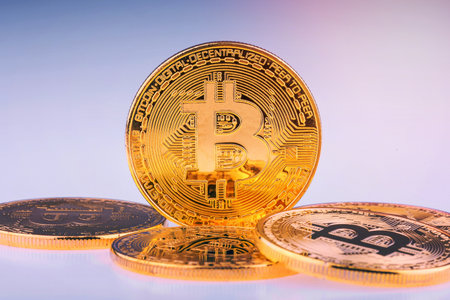 Bitcoins on clear background.Conceptual design for technology of Cryptocurrency and Blockchain.の写真素材