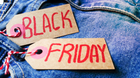 Stylish jeans with a black friday flag. Black friday and cyber monday sale discount concept tag with blue jeans. Black friday written on grunge jeans texture. Background, holiday concept. Black Friday - International day of shopping, promotions, discounts, sales. The sales season is the fourth Thursday of November. Copy space, place for text, flat lay.の写真素材