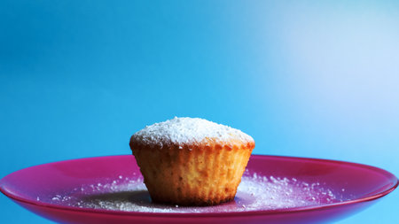 One curd sprinkled with powdered sugar on a pink plate, on a blue background, side view. Dessert, a small cupcake. Food concept. white baked cookies with an airy texture. Copy space.の写真素材