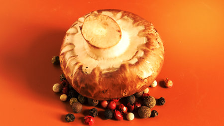 one brown royal champignon on a yellow background with a mixture of peppers. Such mushrooms resemble the taste of porcini mushrooms and have a more pronounced mushroom taste and smellの写真素材