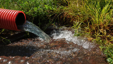 Pumping water from the flood zone. Sewage system. Industrial wastewater. Sewer drains from a plastic corrugated red sewer pipe into a sewer manhole in the city.の写真素材